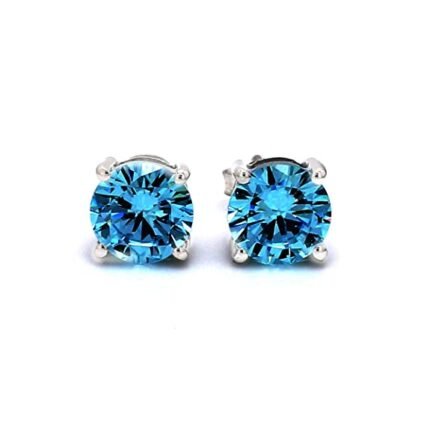 3 CT Round Cut Swiss Blue Simulated Diamonds Solitaire Anniversary Stud Earrings for Women in Girls in Sterling Silver White Gold Finish