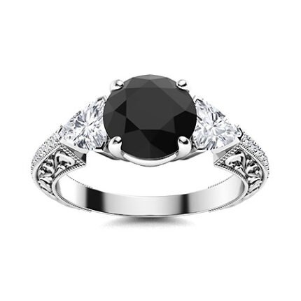 Vintage 3 Ct Round & Trillion Cut Onyx Black & White Diamond Three Stone Filigree Design Engagement Ring in 925 Sterling Silver White Gold Finish
