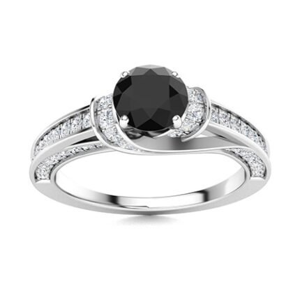 Vintage 3 Ct Round Cut Onyx Black & White Diamond Solitaire with Accents Wedding Engagement Ring in 925 Sterling Silver White Gold Finish