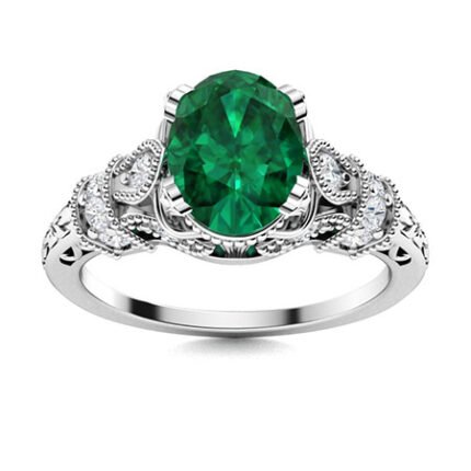 Vintage 3.2 Ct Oval Cut Emerald Green Diamond Filigree Milgrain Design Solitaire with Accents Engagement Ring in 925 Sterling Silver White Gold Finish